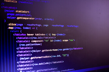 view of the coding which is done for application development. source code by software engineer