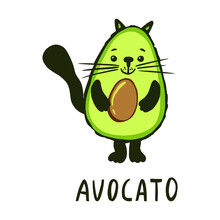 Kawaii Cartoon Avocado Cat. Cute Food Illustration. Funny Poster Or T-shirt Template Design With Cartoon Avocado And Lettering Text Avocato. Vector Illustration