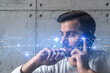 © VideoFlow - Handsome businessman in casual wears, speaking phone, global international issue. Double exposure. The concept of international business. Technology hologram.