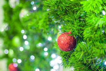 Christmas Tree red Ball And  gold Bokeh Background.