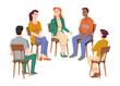 © Sensvector - People communicating in group therapy, isolated circle of men and women from different races talking about problems and troubles in life. Psychological help and support. Vector in flat style