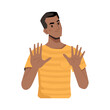 Dissatisfied person gesturing, isolated afro american man showing to move away. Denial or warning, rejection and pushing. Negative attitude or thoughts. Cartoon character, vector in flat style