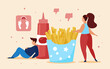 Fast food french fries, overeating concept vector illustration. Cartoon man woman characters eat too much unhealthy snack streetfood in cafe and become fat overweight. Junk meal nutrition background