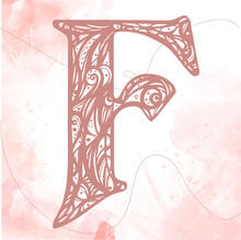 Naive Vintage Initials Letter F. Alphabet, Hand Drawn Letter F. Pink Color Initials Litter On A Watercolor Background.