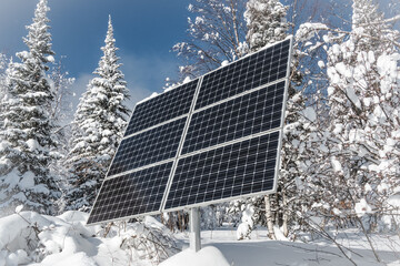 Solar panel with snowy forest on clear winter day