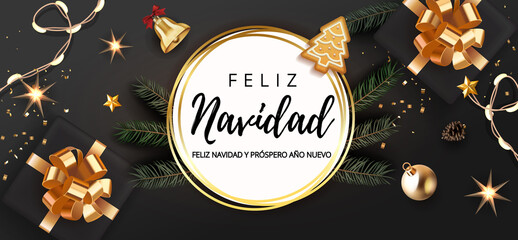 Wall Mural - Spanish lettering Feliz Navidad - Happy New Year and Merry Christmas. Christmas festive luxury black and gold background with gifts box and christmas balls, stars, bell, light garland fir tree.