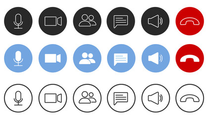 Set of Video call icons. Video conference. Collections buttons of on-line video chat app, internet talk, call technology. Web app ui display template. Videoconferencing and online meeting workspace