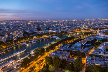 Aerial view of Paris and the Seine River at sunset