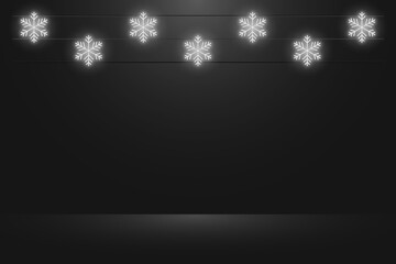 Leinwandbilder - Black studio background with hanging glowing neon snowflakes. Realistic empty dark studio room. Background for Christmas and New Year presentation. Vector.