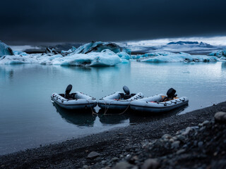 Wall Mural - Jokulsarlon glacier lagoon, Vatnajokull national park, Iceland. Icebergs  and boats. Natural Icelandic landscape. Travel image