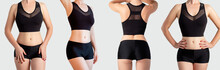 Woman Sportswear. Clothing For Branding. Fitness Outfit Showcase. Set Of Back Front Female Model Slim Body Wearing Logo Mockup Black Mesh Crop Top Shorts Isolated On Neutral Background.