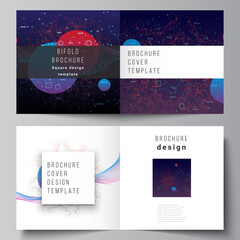 Vector layout of two covers templates for square bifold brochure, flyer, magazine, cover design, book design. Artificial intelligence, big data visualization. Quantum computer technology concept.