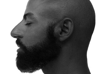 A bearded bold man with closed eyes black and white profile portrait