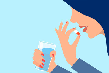 Vector of a woman taking her pills with glass of water