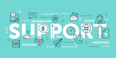 Thin line abstract web design for call center technical online help and assist with tech problems, mobile website banners. Support word vector illustration set.