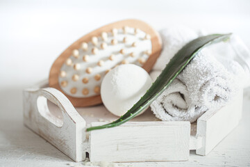 Wall Mural - Spa composition with massage brush and bath bomb on light background close up.