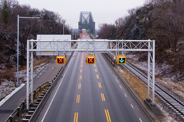 High angle view of traffic lights over highway 175 leading to the Quebec Bridge over the St. Lawrence River in the Ste-Foy area, Quebec City, Canada