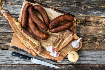 Wall Mural - Traditional table top view from Slovakia with home made bacon and sausages