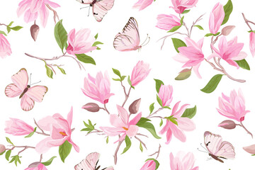 Wall Mural - Magnolia watercolor floral seamless vector pattern. Butterflies, summer magnolia flowers, leaves, blossom background