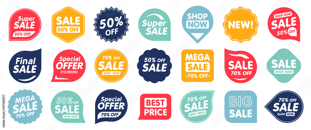 Set of Sale badges. Sale quality tags and labels. Template banner shopping badges. Special offer, sale, discount, shop, black friday. Vector illustration. - obrazy, fototapety, plakaty 