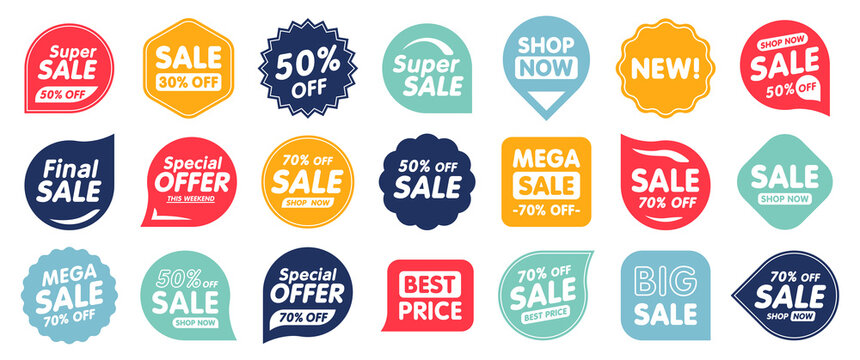 Set of Sale badges. Sale quality tags and labels. Template banner shopping badges. Special offer, sale, discount, shop, black friday. Vector illustration.
