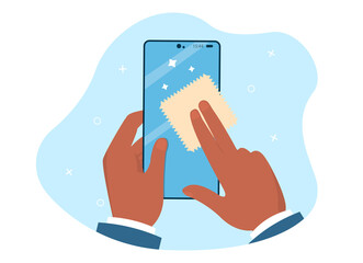 Wall Mural - hands are holding and cleaning mobile phone screen with a napkin. napkin turns dirty surface with mi