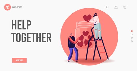 Wall Mural - Social Awareness. Landing Page Template. Tiny Male and Female Characters Throw Heart into Huge Glass Jar Stand on Ladder
