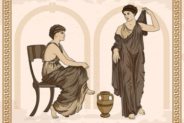 Wall Mural - Two ancient Greek women in tunics talk near a jug of wine. Antique fresco on a beige background.