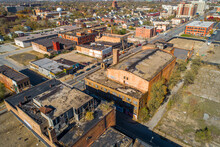 Aerial View Of Crumbling Gary Indiana, Post Industrial Collapse Of Downtown Gary, Indiana. 