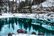 green snowy lake with pine trees