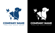 Vector Illustration Of Creative Logo Design Graphics. Dog, Rabbit, Bird Vector Template On Black And White Background