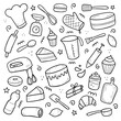 Hand drawn set of baking and cooking elements, mixer, cake, spoon, cupcake, scale. Doodle sketch style. Bakery element drawn by digital brush-pen. Illustration for icon, menu, recipe design.