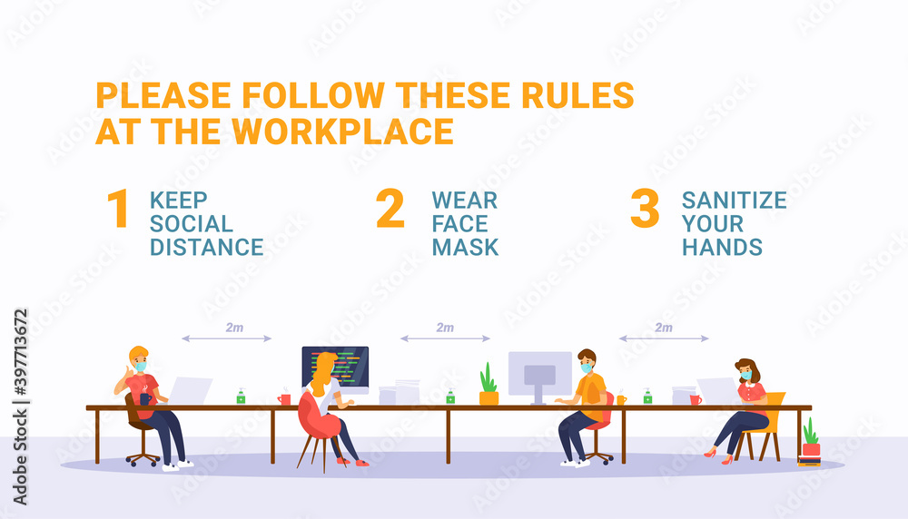 Safety rules at workspace during pandemic covid-19. New normal office ...