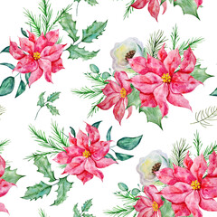  Watercolor pattern with green holly berry leaves, white flowers and red poinsettia flowers