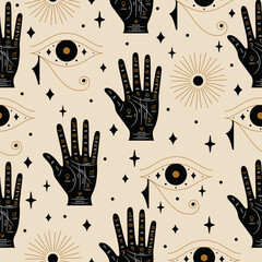 Seamless Astrology Palmistry Pattern in Vector with Palm and Horus Eye