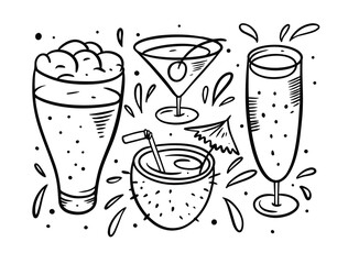 Hand drawing black color. Beer and cocktails illustration set. Vector style.