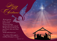 Christmas Nativity Scene Of Baby Jesus In The Manger With Joseph, Mary, Shepherd And Angel Proclaim