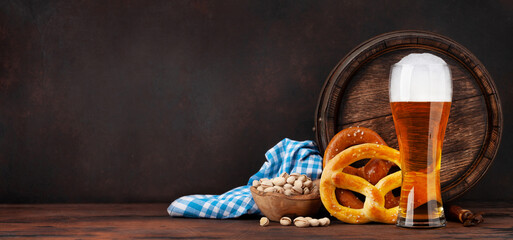 Canvas Print - Lager beer with pretzels and old barrel