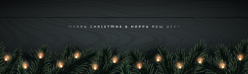 Sticker - Realistic pine tree branches, pine cone and glowing garlands on black wooden background. Long vector banner for Christmas and New Year celebration with copy space.