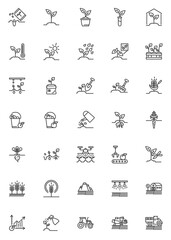 Wall Mural - Farming agriculture line icons set. linear style symbols collection, outline signs pack. vector graphics. Set includes icons as combine harvester tractor, field irrigation sprinkler, plant watering