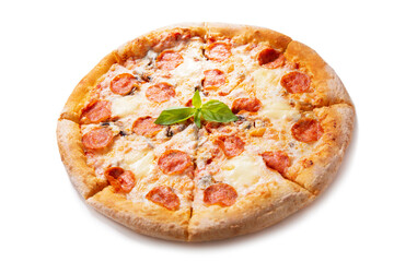 Poster - pizza with mozzarella cheese and pepperoni on white background