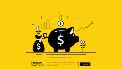 Wall Mural - Landing page template of financial investment concept with money and piggy bank symbol vector illustration.