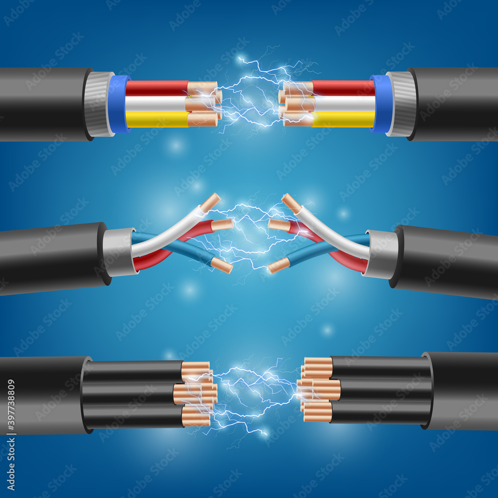 Vector background with set of electric cables with sparks from short ...