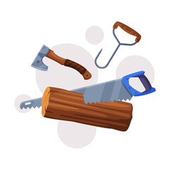 Canvas Print - Panel Saw with Toothed Blade and Ax with Wooden Handle as Wood Chopping Implement Vector Composition