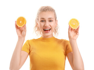 Poster - Beautiful young woman with orange slices on white background