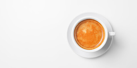 Coffee espresso isolated on white. Served in a white cup with a spoon. Coffee time, close up photo