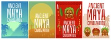 Set Of Vector Banners With Traditional Symbols Of Ancient Maya Civilization.