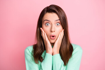 Sticker - Photo portrait of stressed nervous young woman touching cheeks staring with opened mouth isolated on pastel pink color background