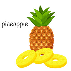 Wall Mural - Pineapple whole with leaves and round peeled slices lie on top of each other. Tropical, exotic fruit icon. Flat design. Color vector illustration isolated on a white background