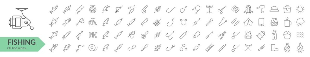 Fishing line icon set. Fish, takles, tools & other fishing products. Vector illustration. Collection